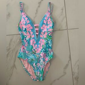 Lilly Pulitzer Aqua and Pink Floral One-Piece Swimsuit